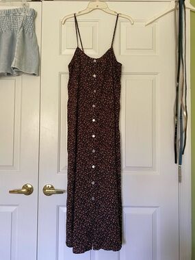 Women's Black Floral Button-Front Dress with Spaghetti Straps